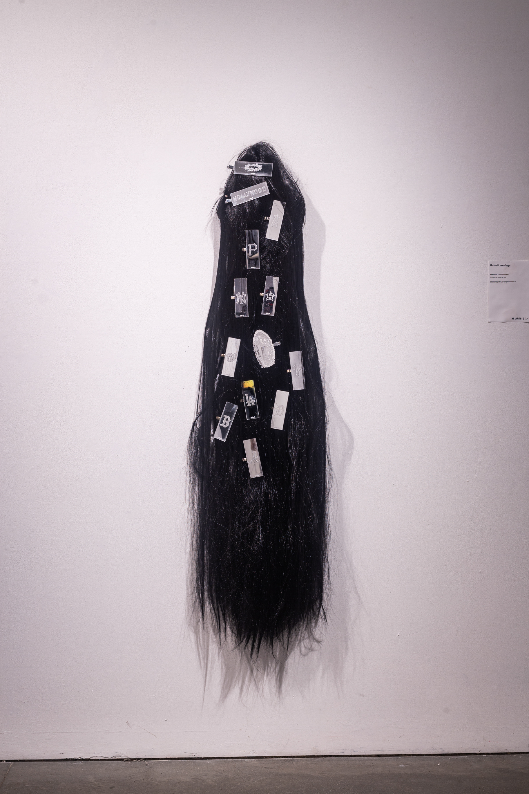 A black wig with various clips made of acrylic on it, displayed against a white wall.